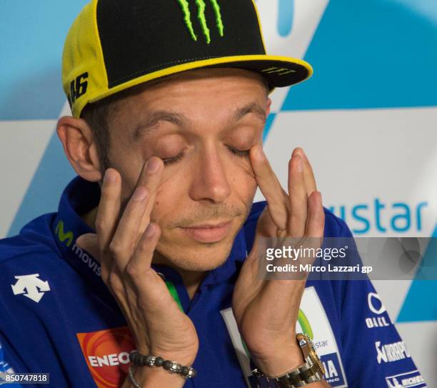 Valentino Rossi of Italy and Movistar Yamaha MotoGP touches his eyes during the press conference during the MotoGP of Aragon - Previews at Motorland...