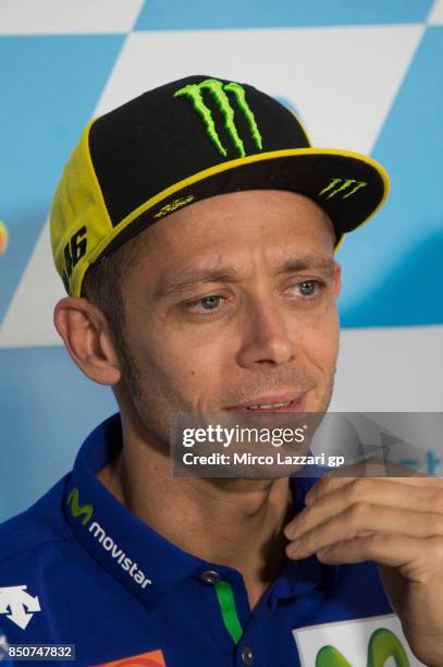 Valentino Rossi of Italy and Movistar Yamaha MotoGP smiles during the press conference during the MotoGP of Aragon - Previews at Motorland Aragon...