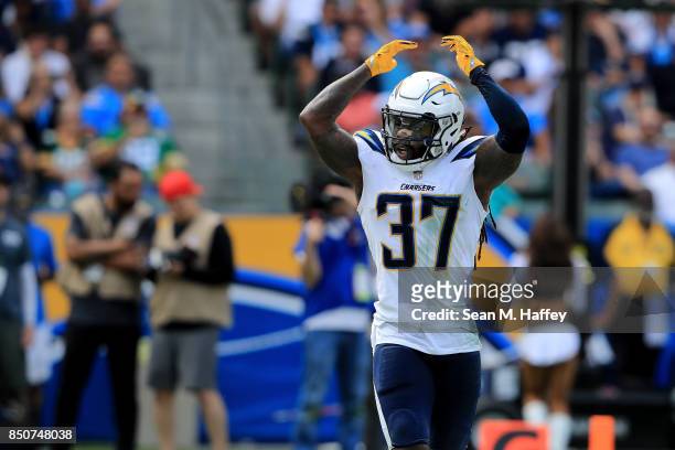 Jahleel Addae of the Los Angeles Chargers waves his hands during the second half of a game against the Miami Dolphins at StubHub Center on September...