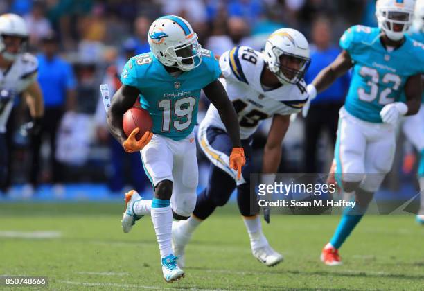 Jakeem Grant of the Miami Dolphins runs upfield during the second half of a game against the Los Angeles Chargers at StubHub Center on September 17,...