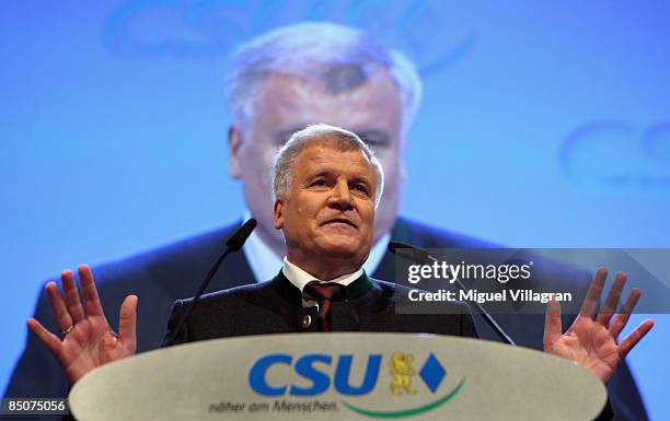 Bavarian state Governor and head of the Bavarian Christian Democrats Horst Seehofer delivers his speech during the local Christian Social Union Ash...