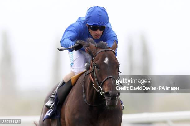 Willing Foe ridden by Silvestre de Sousa on their way to vcitory in the JLT Aston Park Stakes during the JLT Lockinge Stakes Day at Newbury...