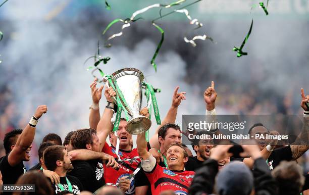 Toulon's Captain Jonny Wilkinson celebrating with the trophy after the Heineken Cup Final match at the Aviva Stadium, Dublin, Ireland. PRESS...