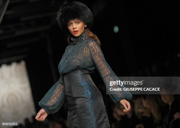 Model presents a creation as part of Italian fashion house Elena Miro Fall/Winter 2009-2010 ready-to-wear collection on February 25, 2009 during the...