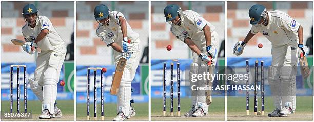 Combo picture shows Pakistani cricketer Younus Khan in action during the fifth and final day of the first Test match between Pakistan and Sri Lanka...