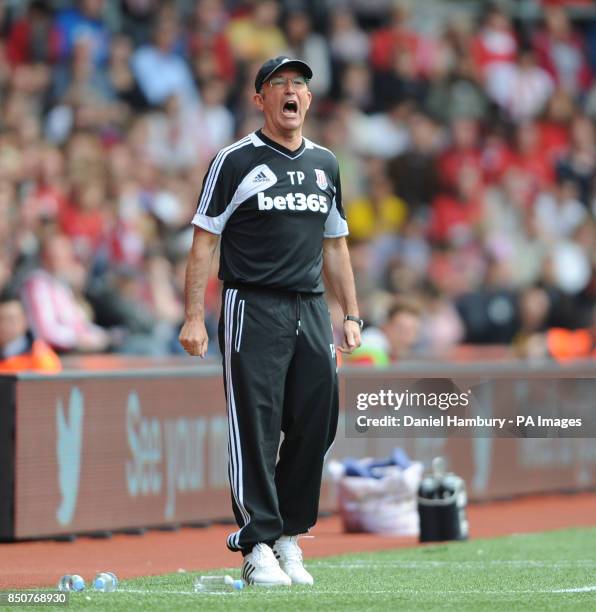 Tony Pulis, manager of Stoke City during the Barclays Premier League match at St Mary's, Southampton.