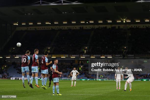 Pierre-Michel Lasogga of Leeds United takes a free kick during the Carabao Cup Third Round match between Burnley and Leeds United at Turf Moor on...