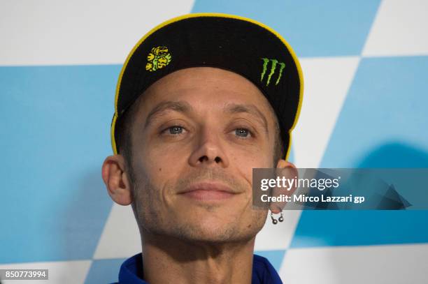 Valentino Rossi of Italy and Movistar Yamaha MotoGP smiles during the press conference during the MotoGP of Aragon - Previews at Motorland Aragon...