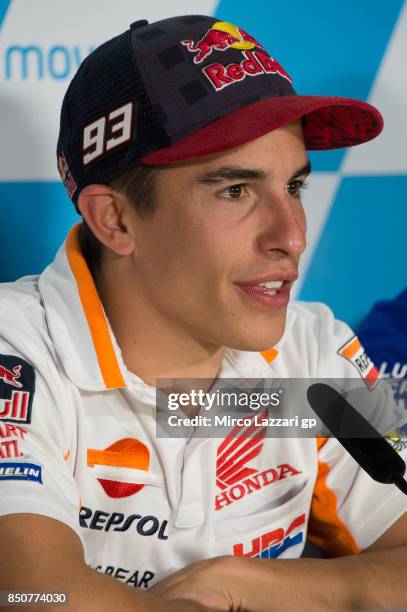 Marc Marquez of Spain and Repsol Honda Team speaks during the press conference during the MotoGP of Aragon - Previews at Motorland Aragon Circuit on...