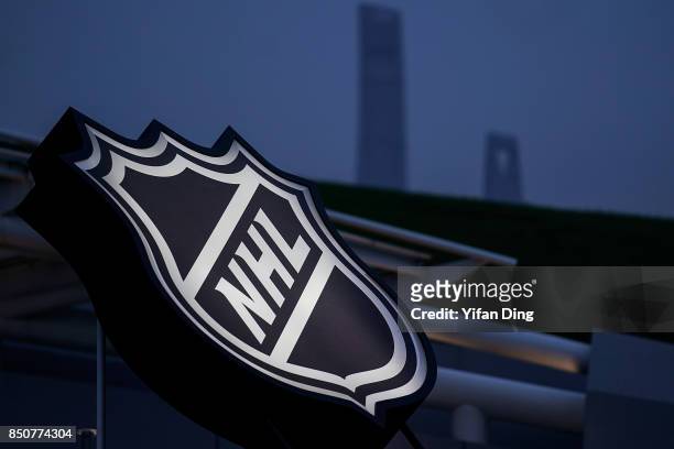 Logo was showed outside of Mercedes-Benz Arena prior to a pre-season National Hockey League game between the Vancouver Canucks and the LA Kings at...