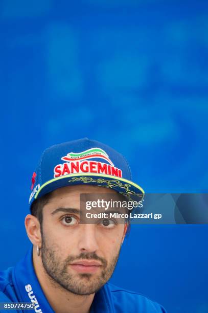 Andrea Iannone of Italy and Team Suzuki ECSTAR speaks with journalists in hospitality during the MotoGP of Aragon - Previews at Motorland Aragon...