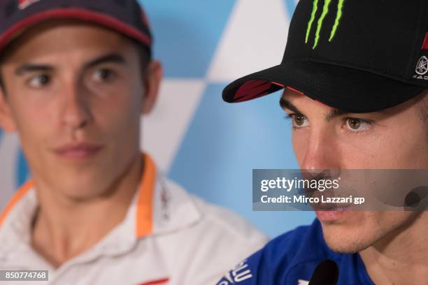 Maverick Vinales of Spain and Movistar Yamaha MotoGP speaks during the press conference during the MotoGP of Aragon - Previews at Motorland Aragon...