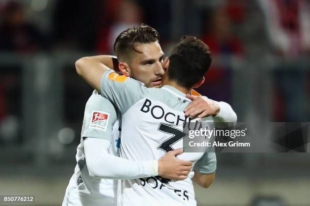 Dimitrios Diamantakos of Bochum celebrates his team's first goal with team mate Danilo Soares during the Second Bundesliga match between 1. FC...