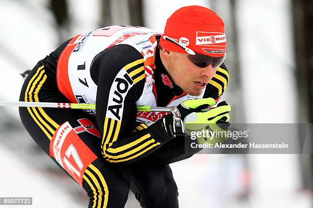 Tobias Angerer of Germany competes during the Men's Cross Country Team Sprint at the FIS Nordic World Ski Championships 2009 on February 25, 2009 in...