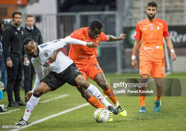 Michael Omoh of Orebro SK & Taye Taiwo of Athletic FC Eskilstuna during the Allsvenskan match between Orebro SK & Athletic FC Eskilstuna at Behrn...