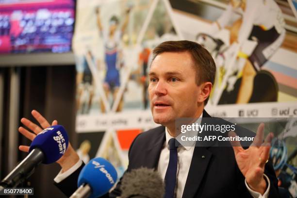 David Lappartient, newly elected President of the UCI, attends press conference in Bergen, Norway, on September 21, 2017. Frenchman David Lappartient...