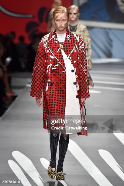 Model walks the runway at the Prada Spring Summer 2018 fashion show during Milan Fashion Week on September 21, 2017 in Milan, Italy.