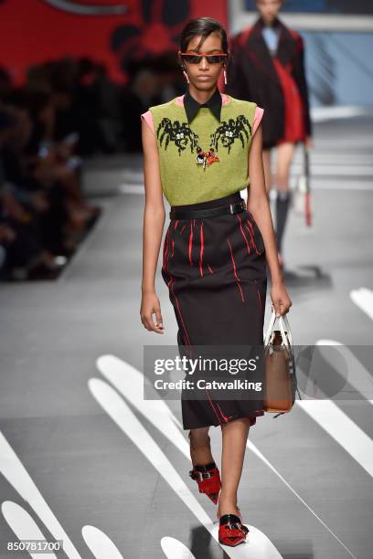 Model walks the runway at the Prada Spring Summer 2018 fashion show during Milan Fashion Week on September 21, 2017 in Milan, Italy.