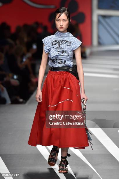 Model walks the runway at the Prada Spring Summer 2018 fashion show during Milan Fashion Week on September 21, 2017 in Milan, Italy.