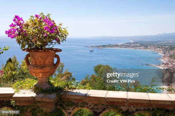 View of Giardini Naxos and Golfo Di Naxos, from Taormina, Sicily, Italy.