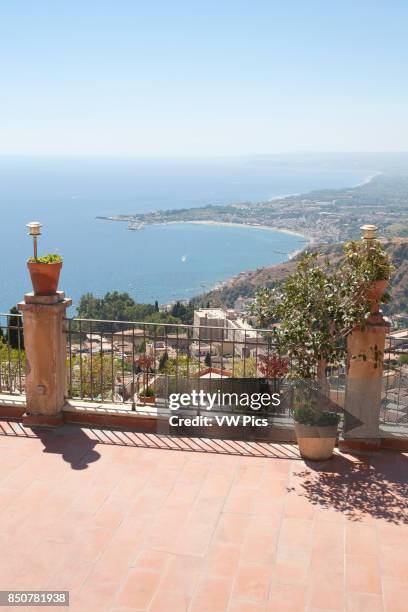 View of Giardini Naxos and Golfo Di Naxos, from Taormina, Sicily, Italy.