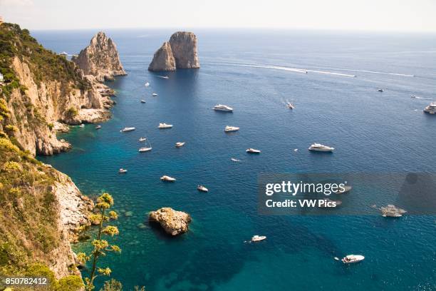 Faraglioni rocks and coastline, Capri, Italy.