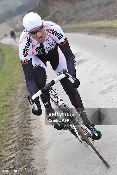 Belgian cyclist Frank Vandenbroucke of Team Cinelli competes in an exploration training of the "Omloop Het Nieuwsblad" cycling race, on February 25,...