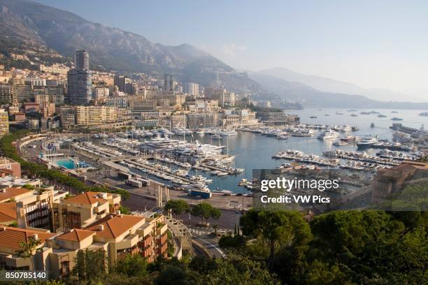 Overlooking the town and harbour of Monte Carlo, Monaco, France.