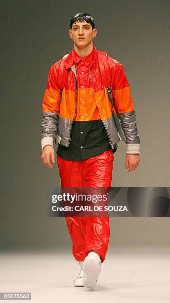 Model wears an outfit by fashion designer Christopher Shannon during the Autumn/Winter 2009 show on the last day of London Fashion Week, on February...