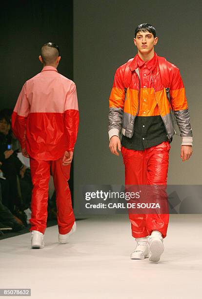 Model wears an outfit by fashion designer Christopher Shannon during the Autumn/Winter 2009 show on the last day of London Fashion Week, on February...