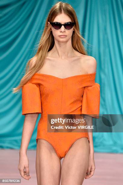 Model walks the runway at the Emilio de la Morena Ready to Wear Spring/Summer 2018 fashion show during London Fashion Week September 2017 on...