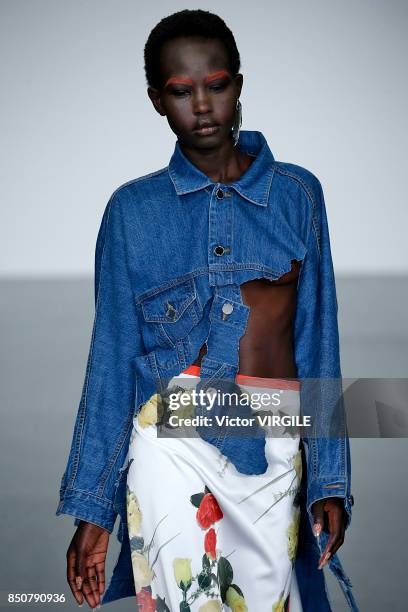 Model walks the runway at the Faustine Steinmentz Ready to Wear Spring/Summer 2018 fashion show during London Fashion Week September 2017 on...