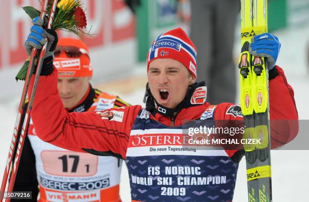 Ole Vigen Hattestad of Norway celebrates his first place after the men's Team Sprint Classic event of the Nordic Skiing World Championships on...