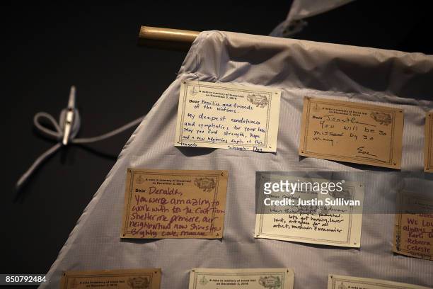 Notes are displayed on a sail of "Ghost Ship" art installation at the Oakland Museum of California on September 21, 2017 in Oakland, California....