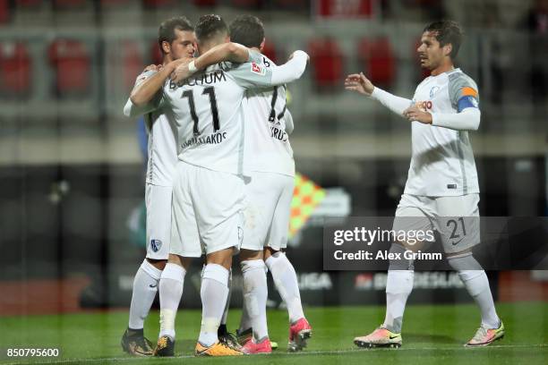 Dimitrios Diamantakos of Bochum celebrates his team's first goal with team mates during the Second Bundesliga match between 1. FC Nuernberg and VfL...