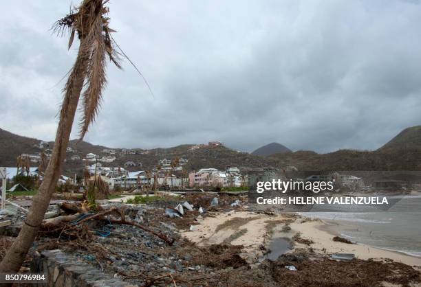 This photo taken on September 20, 2017 damage inflicted on the shoreline of Anse Marcel, on the French Caribbean island of Saint-Martin, after the...