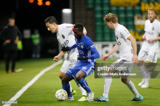 Stefan Ishizaki and Johan Blomberg of AIK and Peter Wilson of GIF Sundsvall during the Allsvenskan match between GIF Sundsvall and AIK at Norrporten...