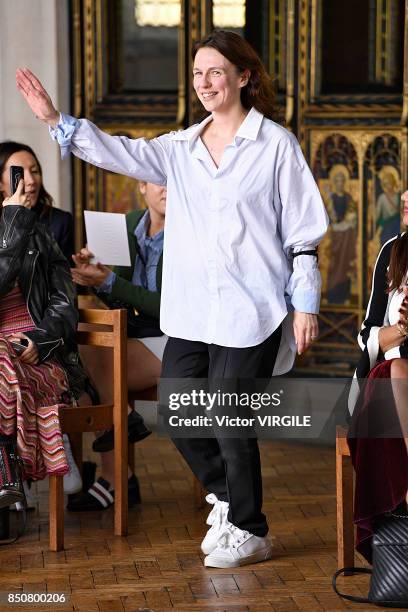 Fashion designer Sharon Wauchob walks the runway at the Sharon Wauchob Ready to Wear Spring/Summer 2018 fashion show during London Fashion Week...