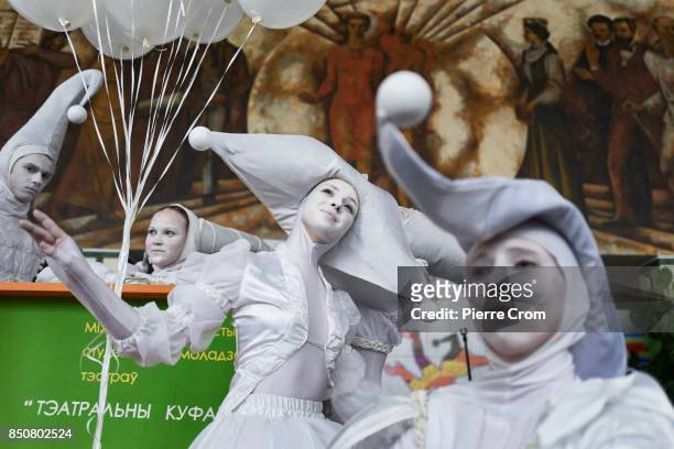 Artists perform during a theater representation on September 21, 2017 in Minsk, Belarus. Young Theater artists from Bulgaria, Belarus, Chile,...