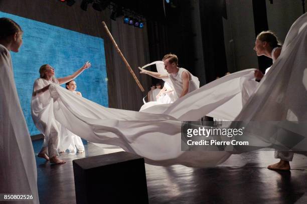 Artists perform on stage during a theater representation on September 21, 2017 in Minsk, Belarus. Young Theater artists from Bulgaria, Belarus,...