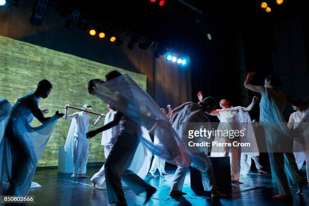 Artists perform during a theater representation on September 21, 2017 in Minsk, Belarus. Young Theater artists from Bulgaria, Belarus, Chile,...