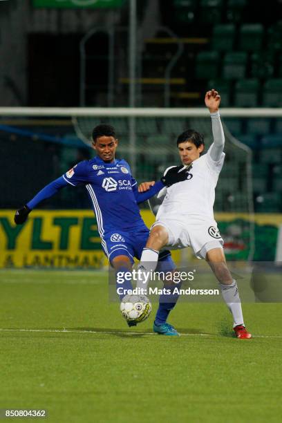 Jonathan Morsay of GIF Sundsvall and Jesper Nyholm of AIK during the Allsvenskan match between GIF Sundsvall and AIK at Norrporten Arena on September...