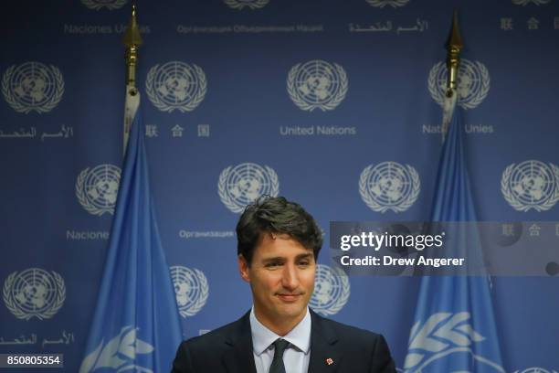 Canadian Prime Minister Justin Trudeau holds a press briefing during the United Nations General Assembly at UN headquarters, September 21, 2017 in...