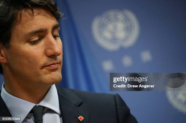 Canadian Prime Minister Justin Trudeau holds a press briefing during the United Nations General Assembly at UN headquarters, September 21, 2017 in...