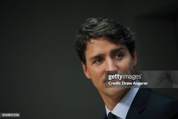 Canadian Prime Minister Justin Trudeau holds a press briefing during the United Nations General Assembly at UN headquarters, September 21, 2017 in...