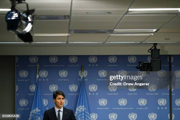 Canadian Prime Minister Justin Trudeau holds a press briefing during the United Nations General Assembly at UN headquarters, September 21, 2017 in...