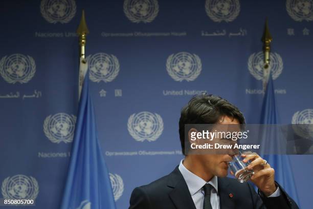 Canadian Prime Minister Justin Trudeau holds a press briefing during the United Nations General Assembly at UN headquarters, September 21, 2017 in...