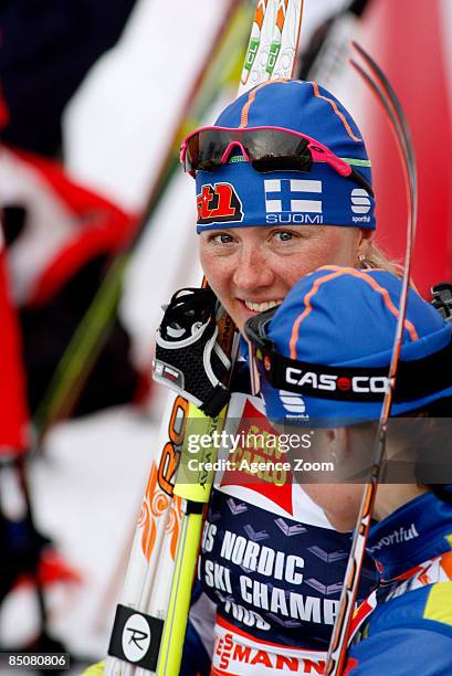 Finland team member Virpi Kuitunen takes 1st place in the FIS Nordic World Ski Championships Cross Country Ladies Free Team Sprint event on February...