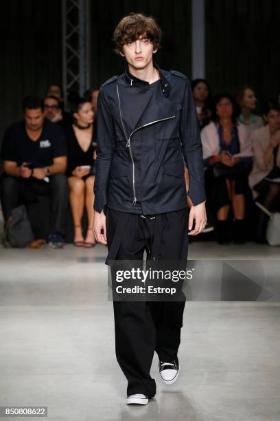 Model walks the runway at the Atsushi Nakashima show during Milan Fashion Week Spring/Summer 2018 on September 20, 2017 in Milan, Italy.