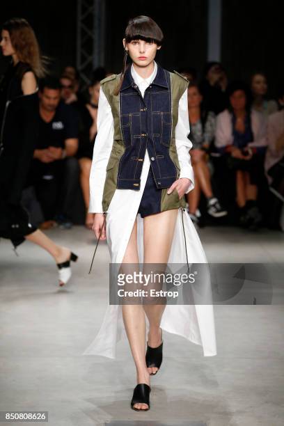 Model walks the runway at the Atsushi Nakashima show during Milan Fashion Week Spring/Summer 2018 on September 20, 2017 in Milan, Italy.